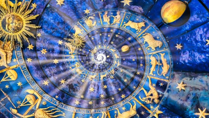 Astrological background. Vintage illustration art, grunge design. Concept of destiny, fortune, esoteric, magic, mysterious